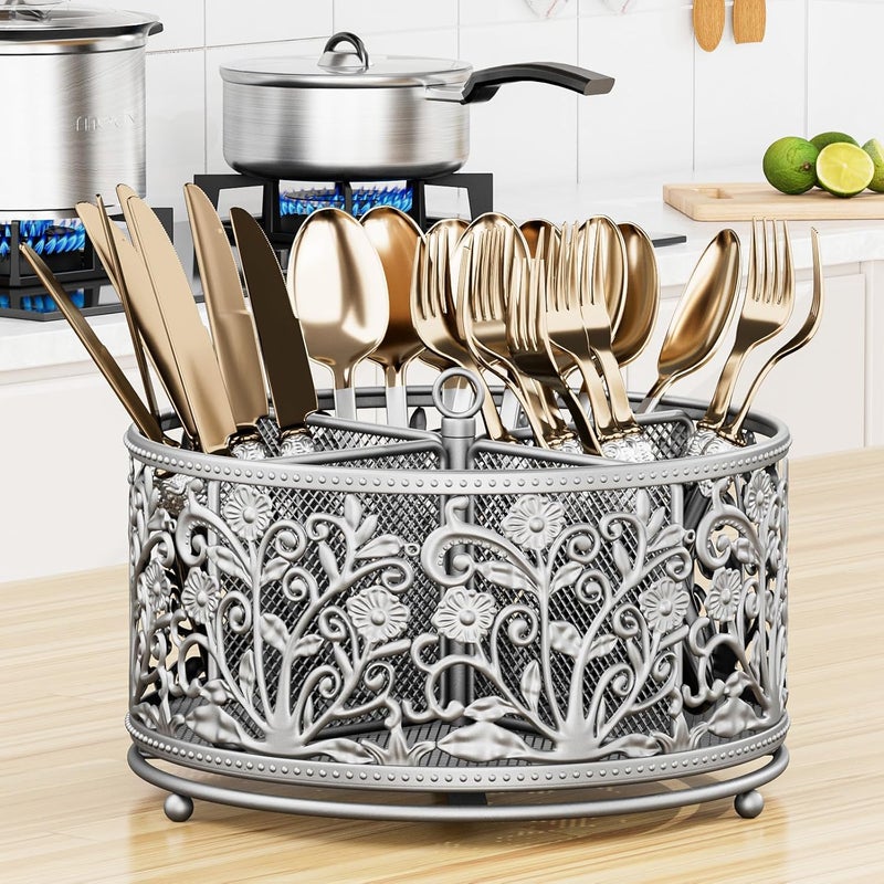 YIUKEA 360° Rotating Utensil Caddy - Silverware Cutlery Caddy Holder with 4 Compartment, Metal Flatware Organizer Countertop with Handle for Party Camping Picnic, Kitchen Counter, Office (Silver) - Image 3